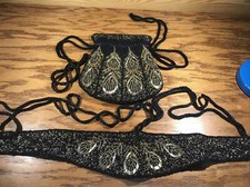 1960's Vintage Black Gold Beaded Flapper Purse Bag Belt 2 Pc Set NEEDS REPAIR