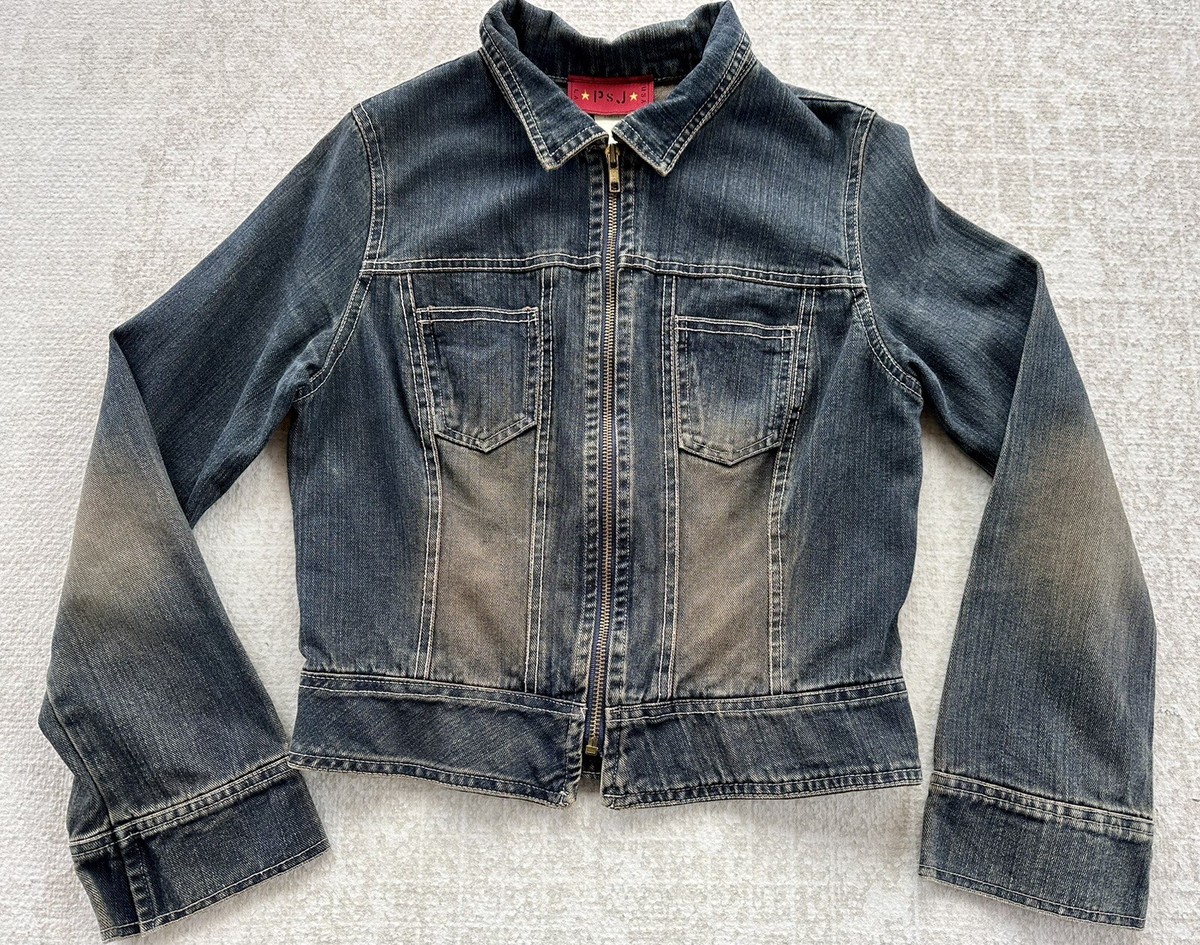 VTG 90s PSJ Washed Denim Zip Jacket S Y2K Pockets USA 90s Crop