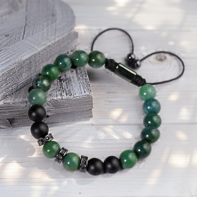 Natural Jade Black Onyx Beads Stretch Bracelet Chakra Protection Reiki Man Gift