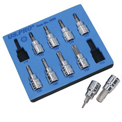 3/8'' Drive Tamper Torx Star Bit Male Shallow Sockets T10 - T55 10pc