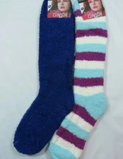 2 Pack Slipper Fuzzy Striped Knee High Socks Womens 9-11 Indigo Blue White O