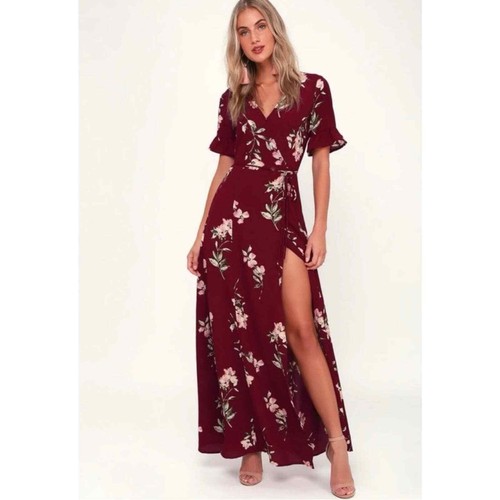 Lulu's September Sunsets Burgundy Floral Print Wrap Maxi Dress Small | eBay