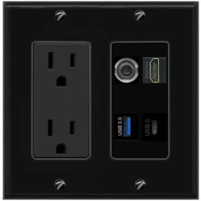 3.5mm HD USB-3 USBC Port Wall Plate Black w Power Outlet
