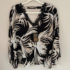 Image of Biba Stud Trim Womens Top L Black Beige Burnt Palm NWT