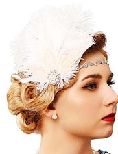 1920s Flapper Headpiece White Feather Headband Rhinestone Hair Accessories fo...