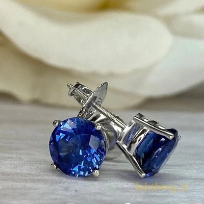 Lab Created Blue Sapphire 2.00Ct Round Cut Stud Earrings 14k White Gold Plated