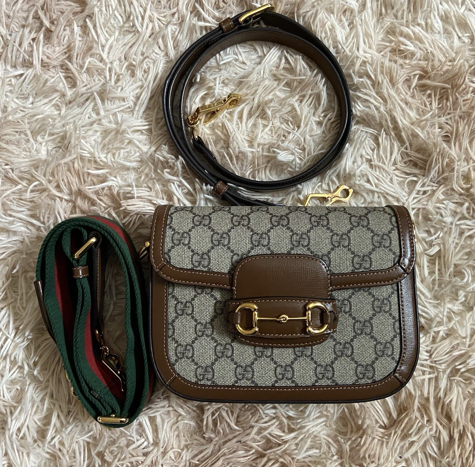 Gucci Horsebit 1955 Small Shoulder Bag GG Supreme Canvas Brown Leather. 