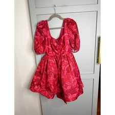 BHLDN NWT Floral Brocade Puff Sleeve Mini Dress Pink Lace Up Back Bow Detail S