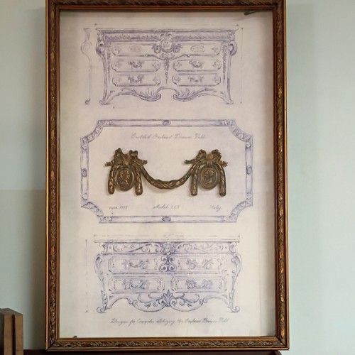 Unique Vintage Guilded Garland Drawer Pull & Architectural Drawing Circa 1815.