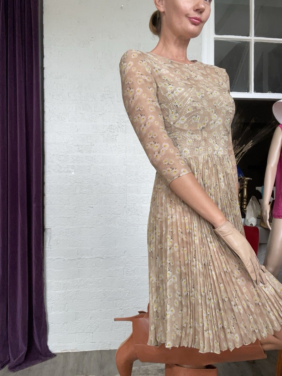 Christian Dior Floral Pleated Dress Sheer Nude Daisy Silk Midi