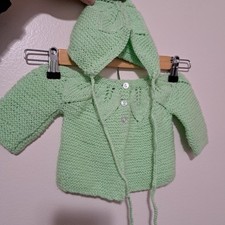 Handmade Crochet Green Pastel Newborn Baby Sweater Hat Set 2pc Knit Vintage