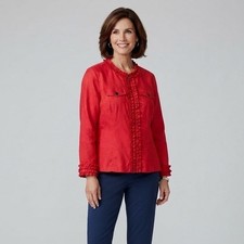 Coldwater Creek Red Full Zip Ruffled Front Floral Brocade Pattern Jacket Large
