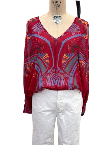 Free People Beneath the Sea Chiffon Red Multi Print Batwing Top Blouse Size Med