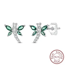 MULA European 925 Sterling Silver Green AAA CZ Dragonfly Stud Earrings For Women