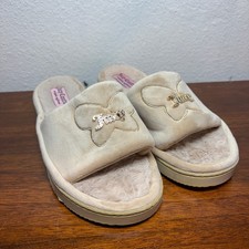 Juicy Couture Slippers Womens 8-9 Cream Faux Fur Slide Rhinestone Logo Y2K
