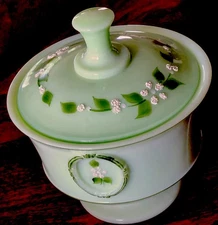 Westmoreland Jadeite Handpainted Glass Covered Candy Dish, Artist Signed
