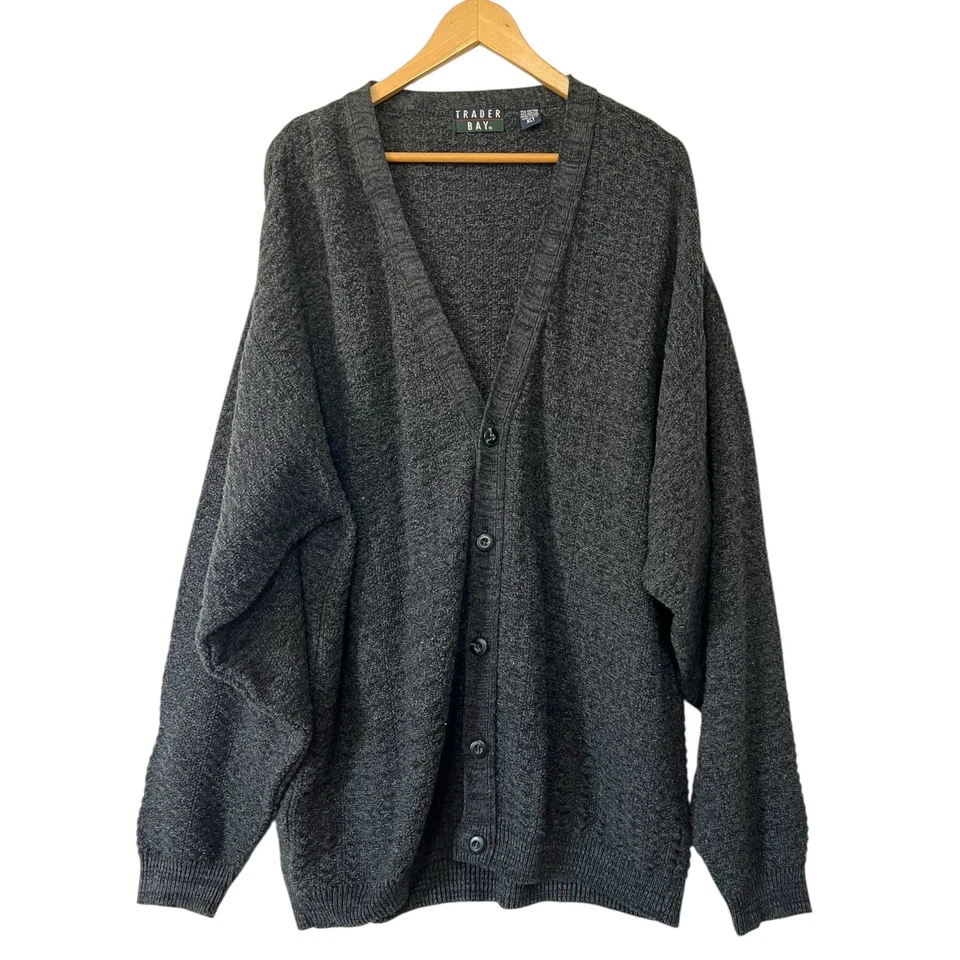 Vintage 90s Mens Cardigan Sweater XL Dark Gray Chunky Cotton Knit Trader Bay  - Image 2 of 4