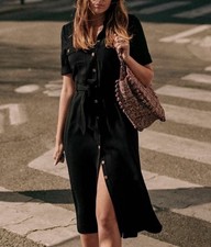 Sézane Jeannette Shirt Dress Black Short Sleeve Belted Luxury France Sz 34 US 2