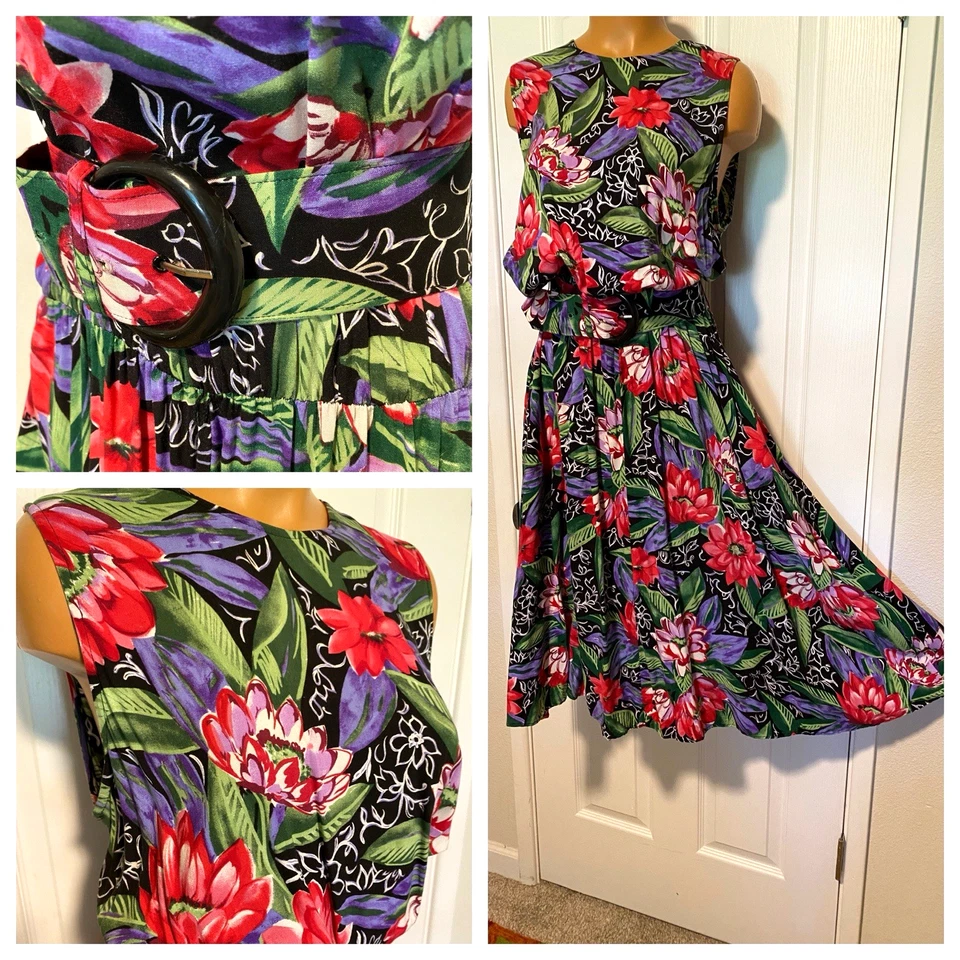 VESTIDO DE COLECCIÓN AÑOS 80 CAROLINEWELLS II NEGRO FLORAL CON CINTURÓN A JUEGO RAYÓN TALLA 18 (XL) Foto 2 de 4