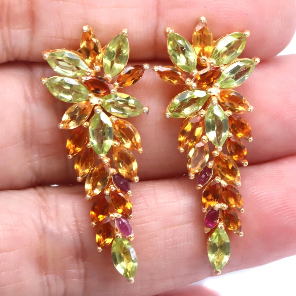 925 Sterling Silver 3 x 7 MM. Green Peridot, Yellow Citrine & Red Ruby Earrings - Image 2 of 4