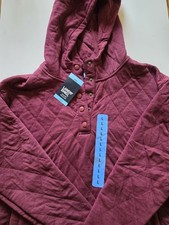 LANDS' END Womens Burgundy Quilted Snap Neck Hoodie Sweatshirt LARGE - NWT