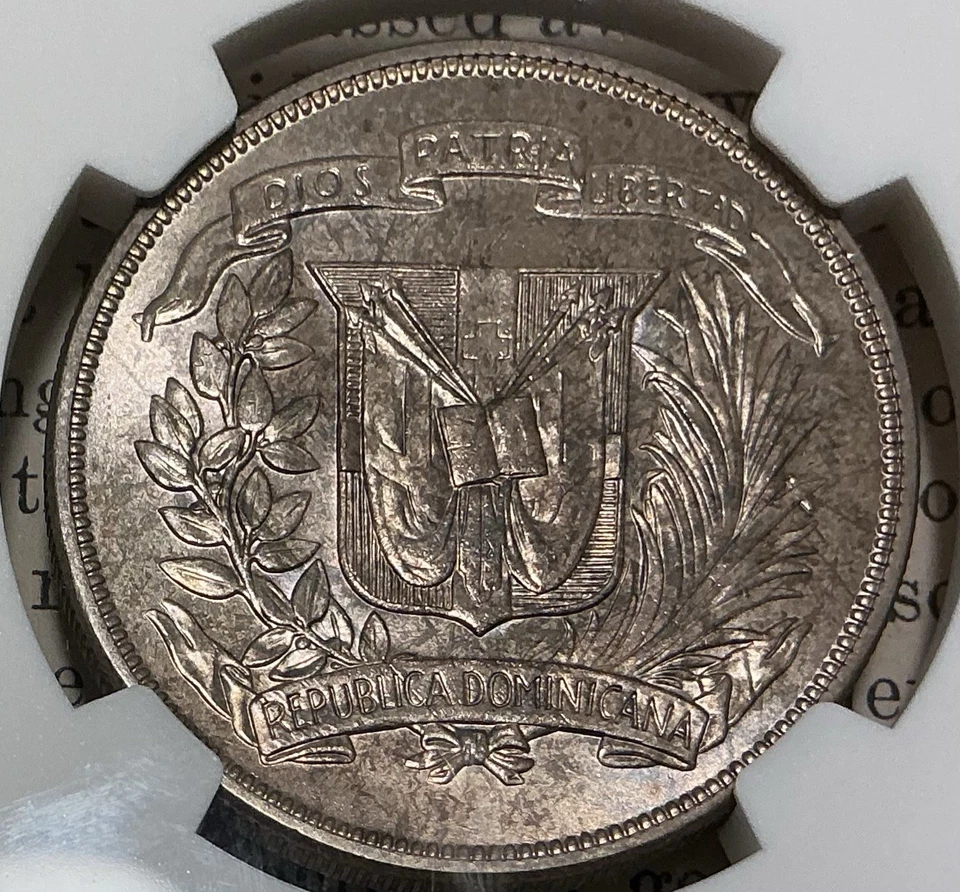 1955 Dominican Republic Peso NGC MS63+ Trujillo Anniversary Silver Coin - Image 4 of 4