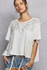 POL Clothing Women's Lace Detail Pearl Studded Top in Ivory