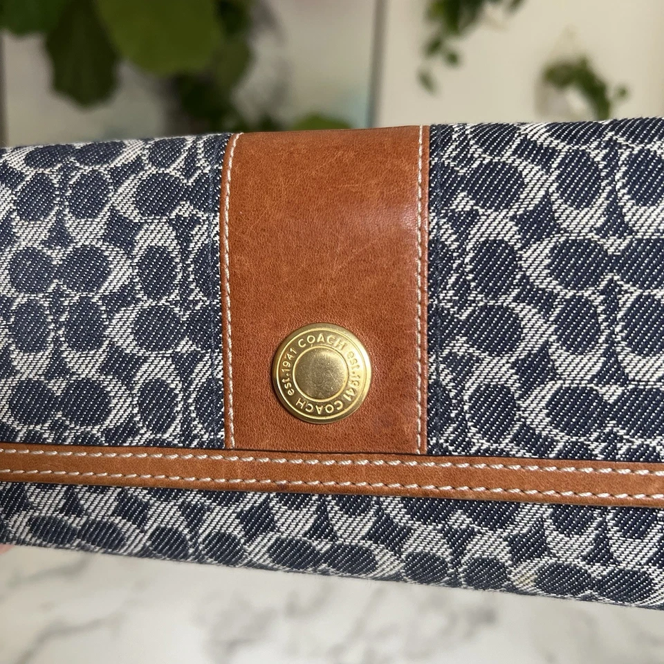 Cartera Larga COACH Vintage Y2K Denim Firma Chequera 41745 Latón Cuero Tostado Foto 2 de 4