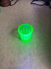 VINTAGE DEPRESSION URANIUM GREEN RIBBED SHOT GLASS