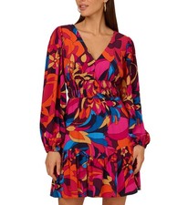 Adrianna Papell Berry Multi Printed Short Flounce Dress Long Sleeves US Size 2