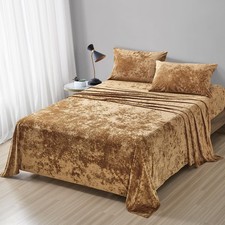 Distressed Velvet Sheet Set, 4 Pieces Caramel Gold King, Ultra Soft, Warm