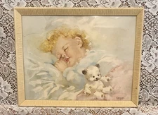  Vintage Framed Florence Kroger Sleeping Baby Lithograph 1950s