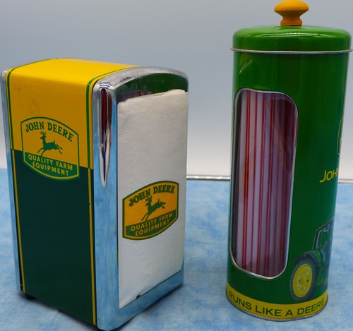 John Deere Napkin Holder & Straw Dispenser Set Farm Kitchen Tractor Decor