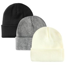 PFFY Unisex Beanie Hats for Men Women Knit One Size Black grey beige 3 Packs
