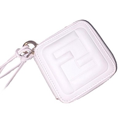 Fendi FF Cube Embossed Small Zip Wallet Bianco White Leather with Strap NEW