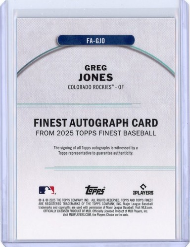 2025 Topps Finest Greg Jones Refractor Rookie Auto Autograph RC Rockies #FA-GJO - Picture 2 of 2