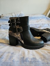 Fab Black Ankle Boots Snakeskin Zips Buckles Block Heel Great Sole UK Size 6 /39