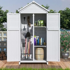 67" White Fir Wood Storage Shed with Double Doors for Outdoor & Garden