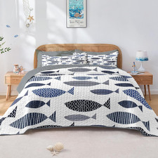 Quilt Set Twin Size, Coastal Fish Ocean 2 Pcs Soft Bed Cover Bedding Set, Nautic