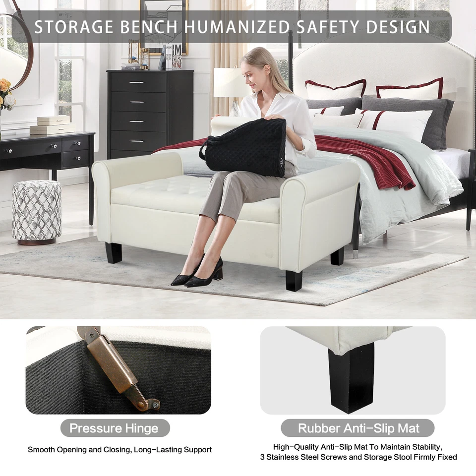 51-дюймовая бархатная скамья для хранения с оттоманским концом кровати мягкий диван бежевый спальня - Изображение 4 из 4