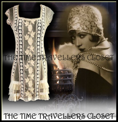 TOPSHOP ANTIQUE VTG CREAM CROCHET LACE DRESS 20s FLAPPER 70s BOHO UK 6 34 PETITE - 第 1/2 張圖片