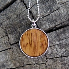 Koa Wood Hawaiian Scroll Circle Silver Rhodium Plated Brass Pendant BRP1076