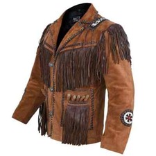 Men Native American Cowboy Leather Jacket Fringe  Beaded Western Suede Jacket