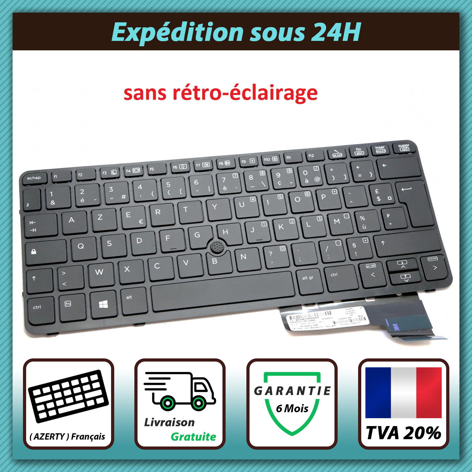 Réparer votre HP EliteBook 820 G1 avec ce clavier AZERTY noir résistant