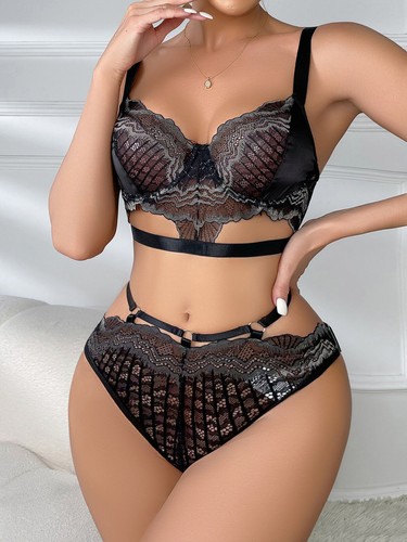 Womens Black Teddy Lingerie Set Lace Bra&Panty Babydoll Nightie Sheer Skirt Set - Picture 5 of 17