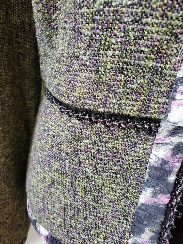 Peck & Peck Women’s Tweed Jacket Green / Violet Lined Floral Trim Size 12 - Image 4 of 4