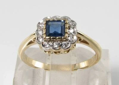 DAINTY 9K 9CT GOLD Sri LANKAN BLUE SAPPHIRE DIAMOND ART DECO INS RING FREE SIZE - Image 1 of 4