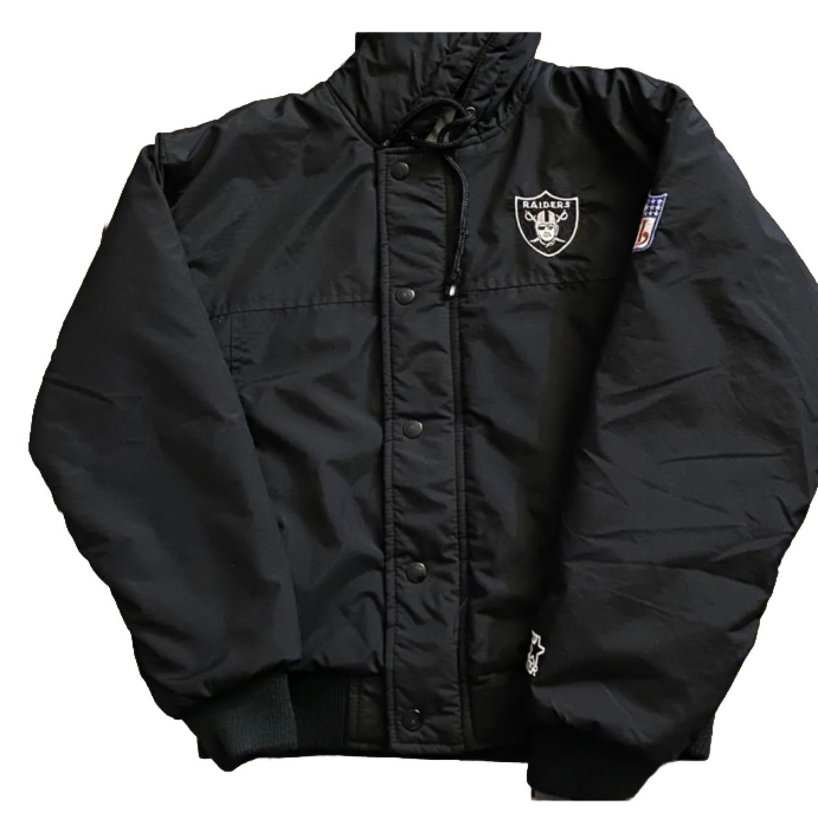ジャケット・アウター vintage made in USA RAIDERS stdium jkt RAIDERS Vintage 90s Logo 7 NFL Football Zip Up Puffer Parka Hooded