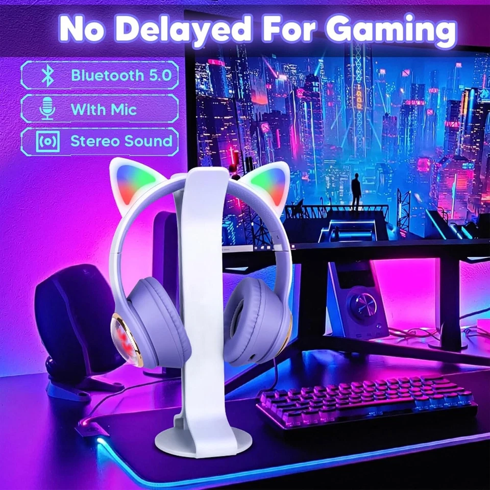 Rigwig Purple Cat Ear Headphones Kids Bluetooth Mic Foldable 25H Gift Girls - Image 2 of 4