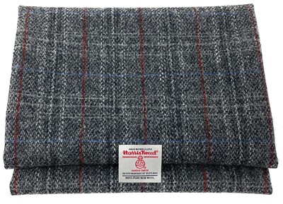 Harris Tweed grau mit rotem Karo Stoff - 100% reine Wolle 1 Meter plus